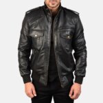 Agent Shadow Black Leather Bomber Jacket