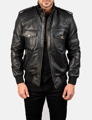 Agent Shadow Black Leather Bomber Jacket