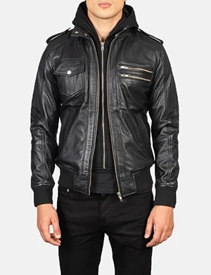 Bravado Black Hooded Leather Bomber Jacket