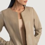 Elixir Beige Collarless Leather Jacket