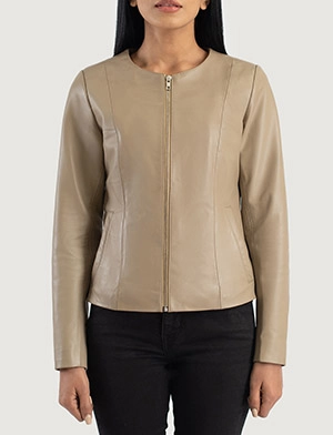 Elixir Beige Collarless Leather Jacket