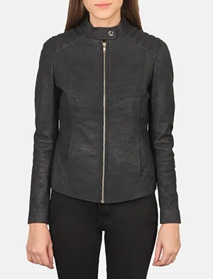 Kelsee Distressed Black Leather Biker Jacket