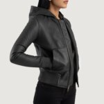 Luna Black Hooded Leather Bomber Jacket