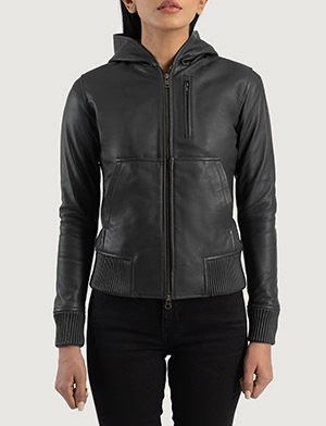 Luna Black Hooded Leather Bomber Jacket