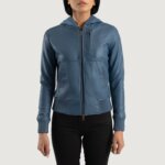 Luna Blue Hooded Leather Bomber Jacket