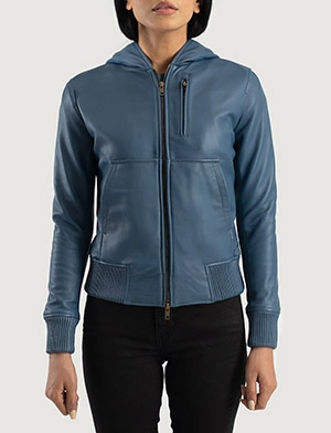 Luna Blue Hooded Leather Bomber Jacket