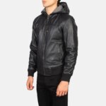 Nintenzo Black Hooded Leather Bomber Jacket