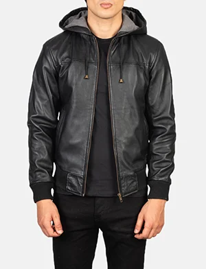 Nintenzo Black Hooded Leather Bomber Jacket