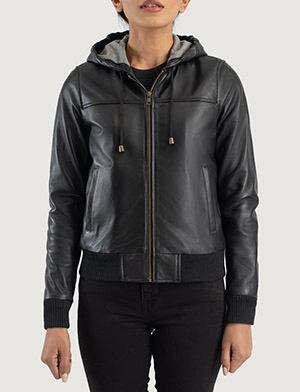 Rebella Black Hooded Leather Bomber Jacket