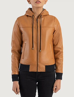 Rebella Brown Hooded Leather Bomber Jacket