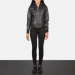 Roslyn Black Hooded Leather Bomber Jacket