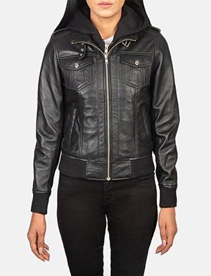 Roslyn Black Hooded Leather Bomber Jacket