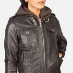 Roslyn Brown Hooded Leather Bomber Jacket