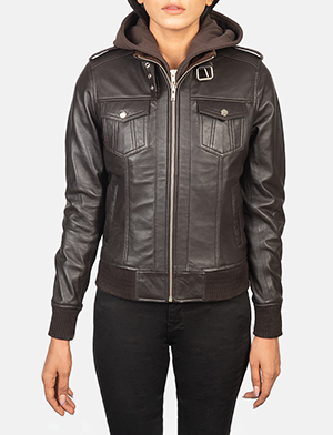 Roslyn Brown Hooded Leather Bomber Jacket