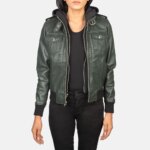 Roslyn Green Hooded Leather Bomber Jacket